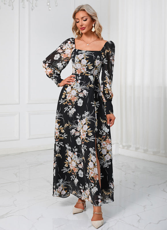 Robe Longue Fleurie Chic Noire - gallery 5