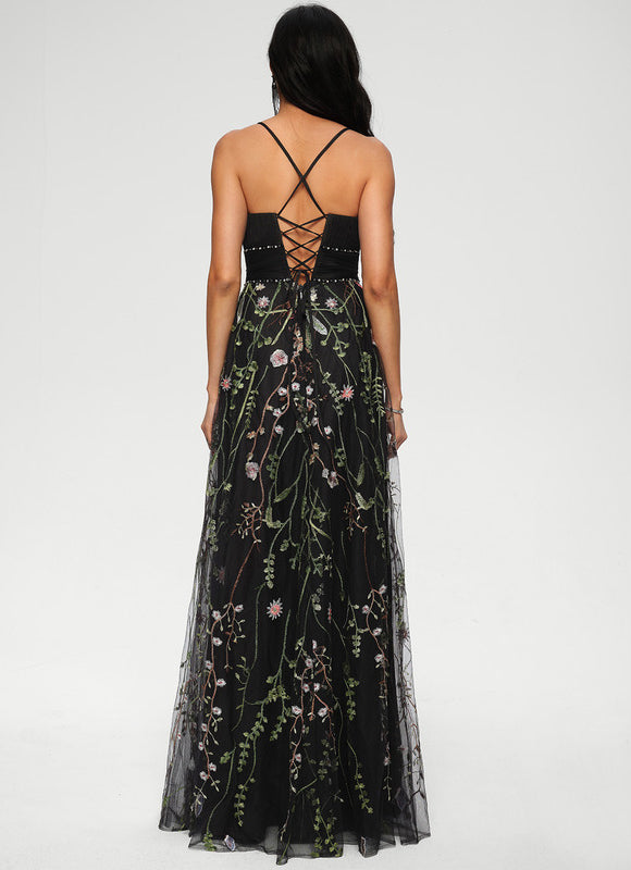 Robe Tulle Brodée Élégante Noire - gallery 3