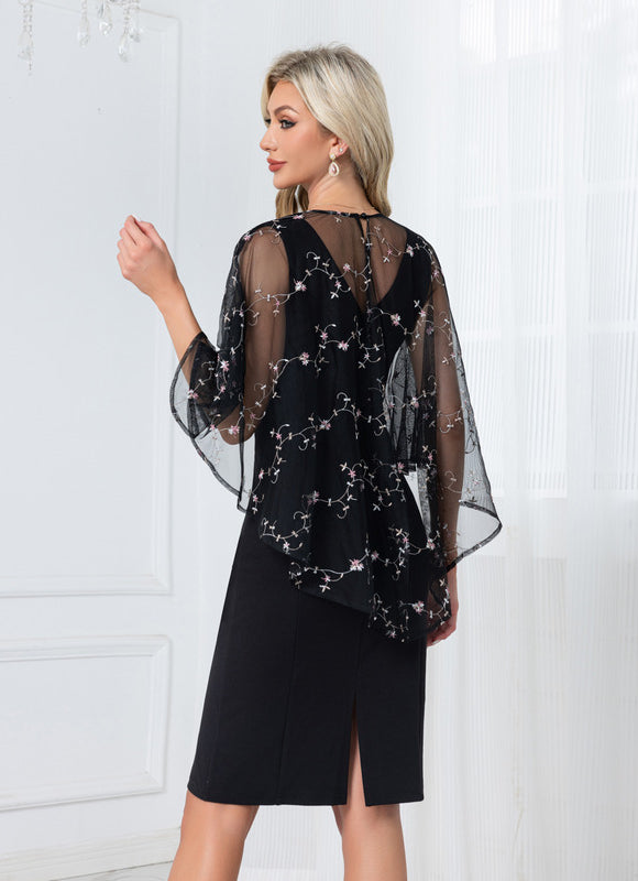 Robe Noire Broderie Élégante À Manches. - gallery 1