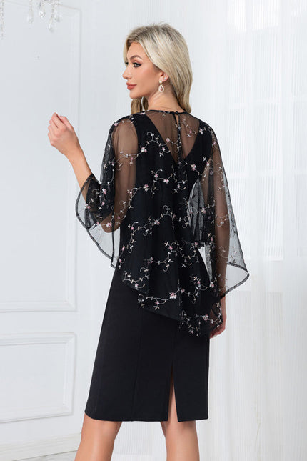 Robe Noire Broderie Élégante À Manches. - gallery 1