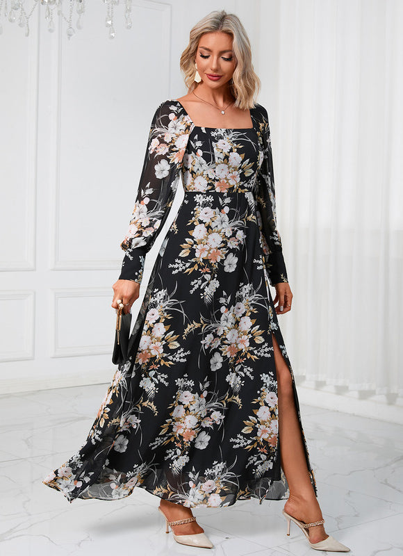 Robe Longue Fleurie Chic Noire - gallery 2