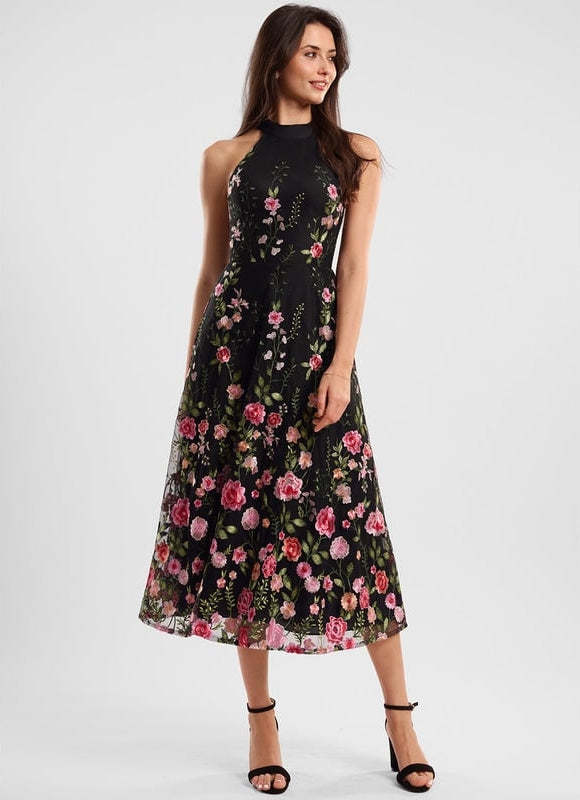Robe Trapèze Florale Noire