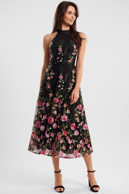 Robe Trapèze Florale Noire