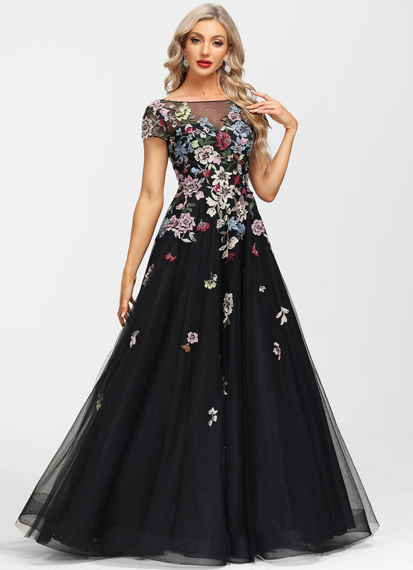Robe De Soirée Florale Élégante Noire-300
