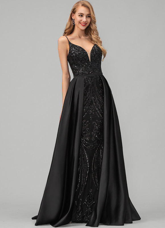 Robe Noire Luxe Satinée À Traîne - gallery 2