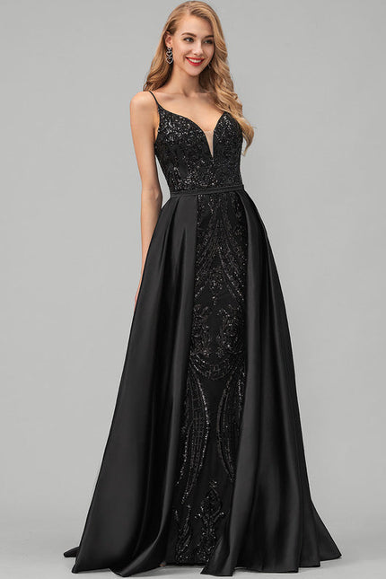 Robe Noire Luxe Satinée À Traîne - gallery 2