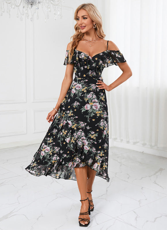 Robe Florale Chic Décolleté Épaule Nue - gallery 1