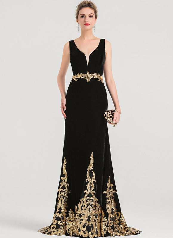 Robe Velours Noire Brodée Dorée - gallery 3