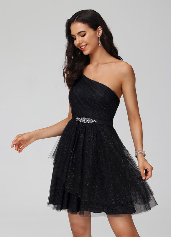 Robe Noire Asymétrique À Strass - gallery 6