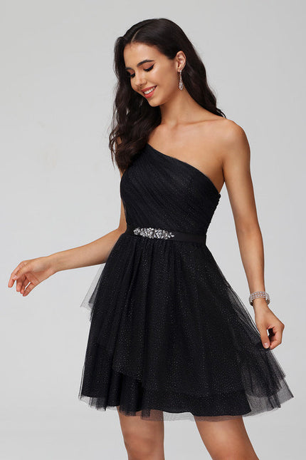 Robe Noire Asymétrique À Strass - gallery 6