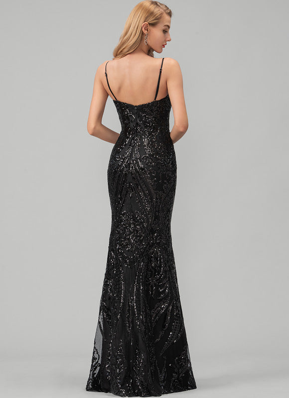 Robe Noire Luxe Satinée À Traîne - gallery 1