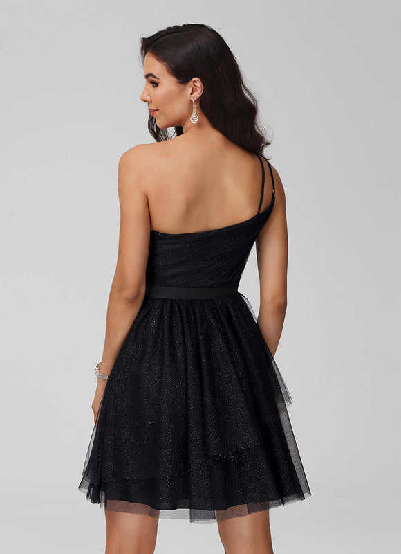 Robe Noire Asymétrique À Strass - gallery 3