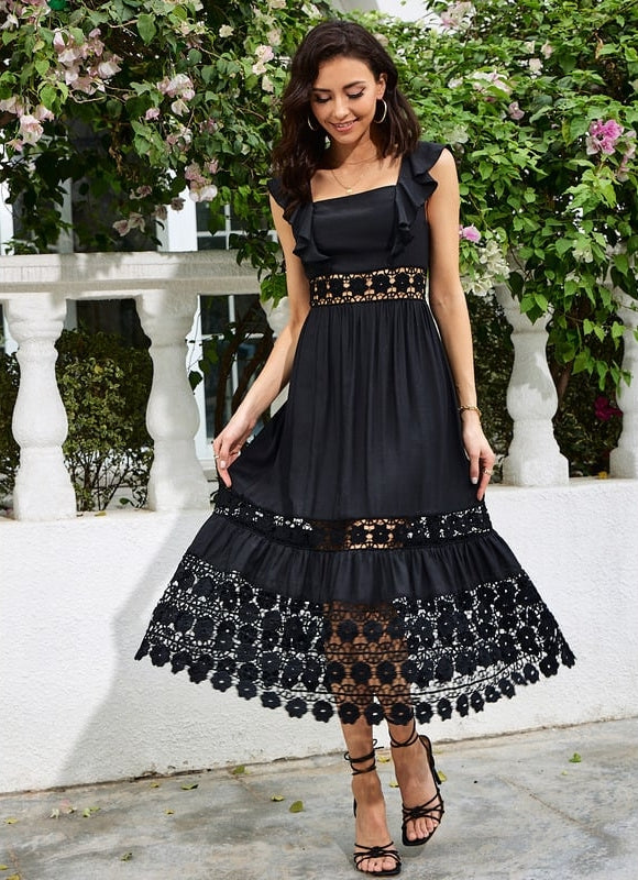 Robe Noire Chic À Volants Dentelle