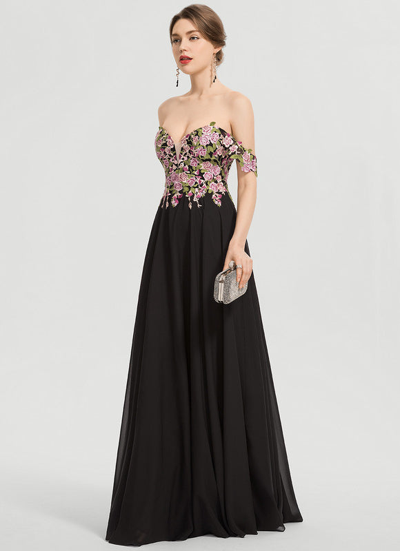 Robe De Bal Florale Élégante Noire - gallery 2