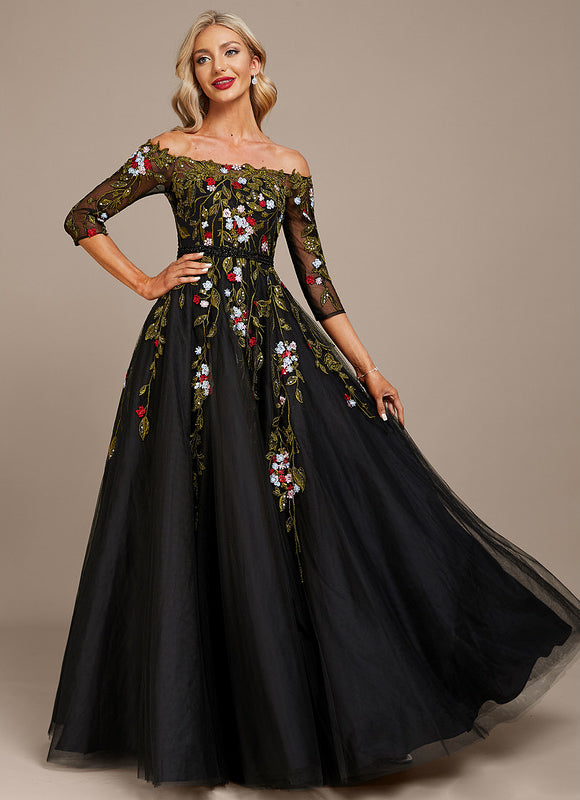 Robe De Soirée Florale Élégante Noire - gallery 2