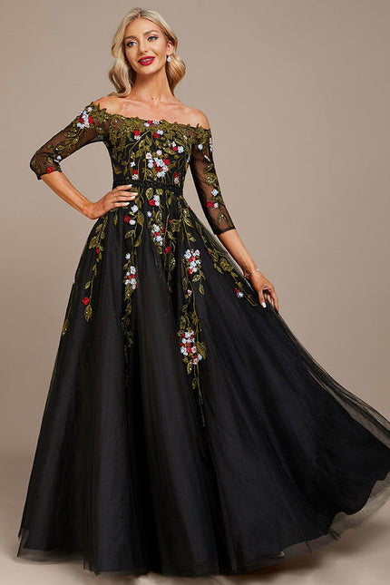Robe De Soirée Florale Élégante Noire - gallery 2