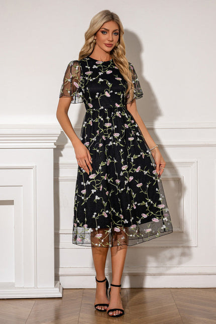 Robe Midi Florale En Tulle Noir - gallery 4