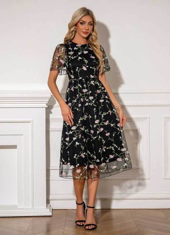 Robe Midi Florale En Tulle Noir - gallery 4