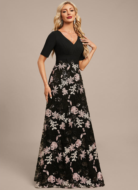 Robe Trapèze Florale Élégante Noire - gallery 6