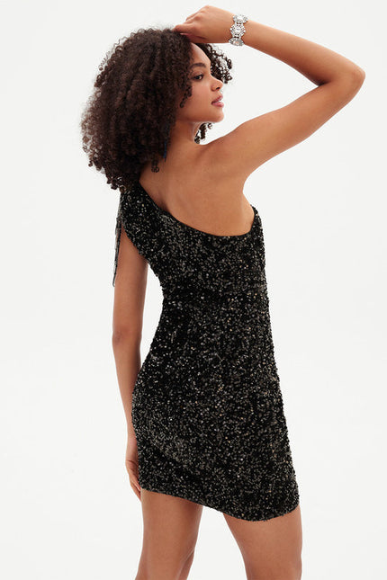 Robe Noire Asymétrique À Paillettes - gallery 4