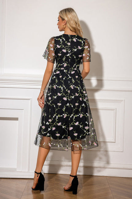 Robe Midi Florale En Tulle Noir - gallery 2