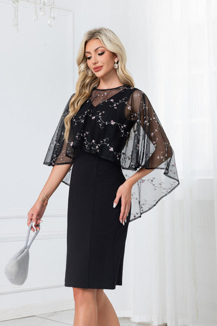 Robe Noire Broderie Élégante À Manches. - gallery 3