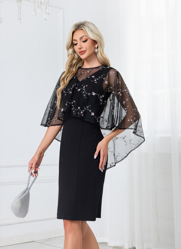 Robe Noire Broderie Élégante À Manches. - gallery 3