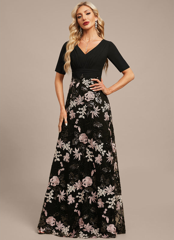 Robe Trapèze Florale Élégante Noire - gallery 3