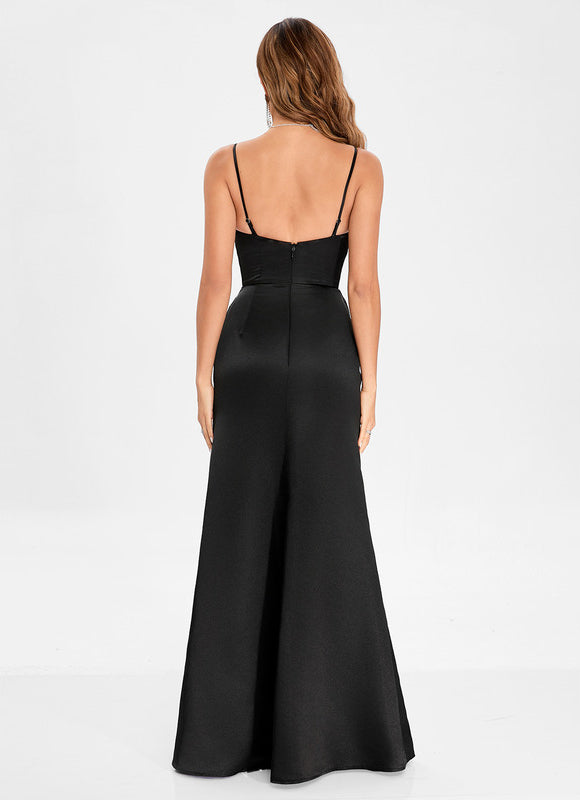 Robe Noire Satinée Fendue - gallery 1