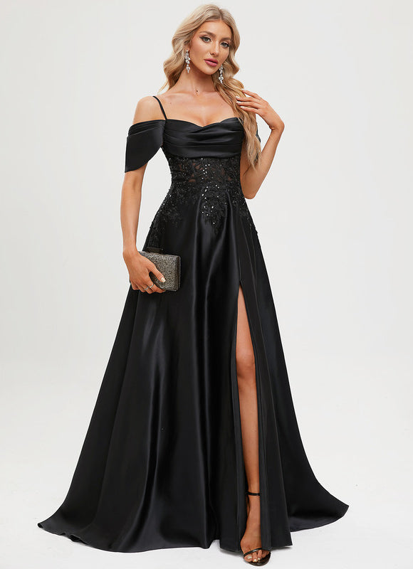Robe De Bal Satinée À Fente - gallery 2