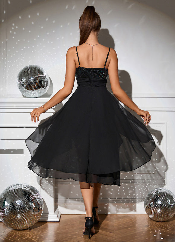 Robe Noire Scintillante Asymétrique Élégante - gallery 2