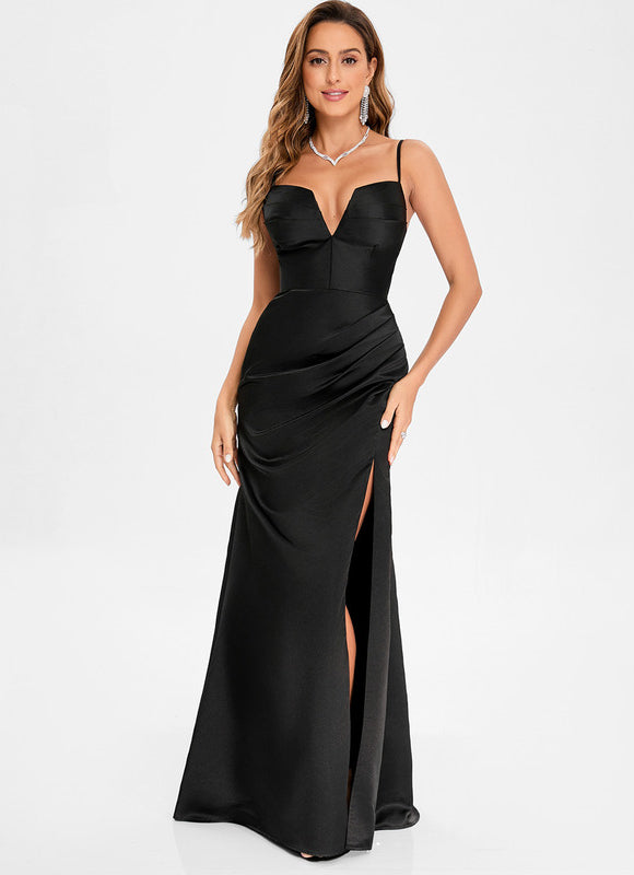 Robe Noire Satinée Fendue - gallery 3