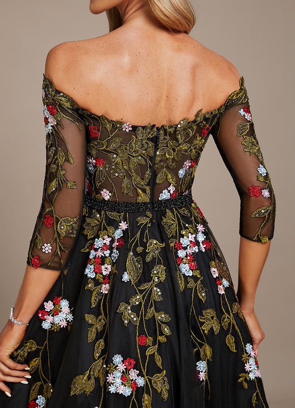 Robe De Soirée Florale Élégante Noire - gallery 1