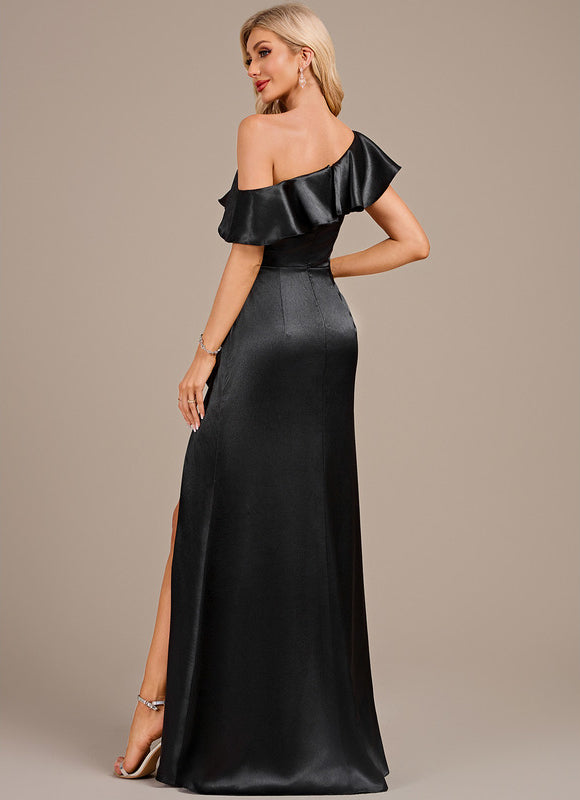 Robe Noire Luxe Satinée À Volants - gallery 5