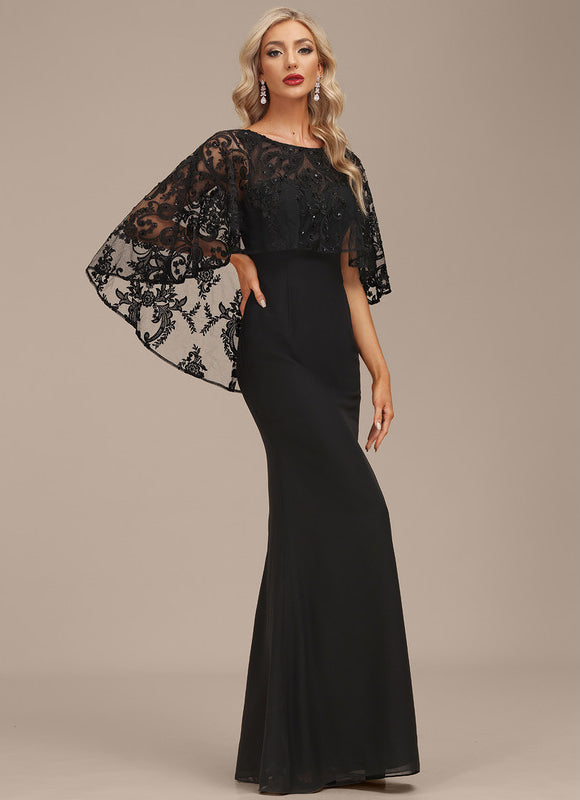 Robe Élégante À Manches Cape Noire - gallery 2