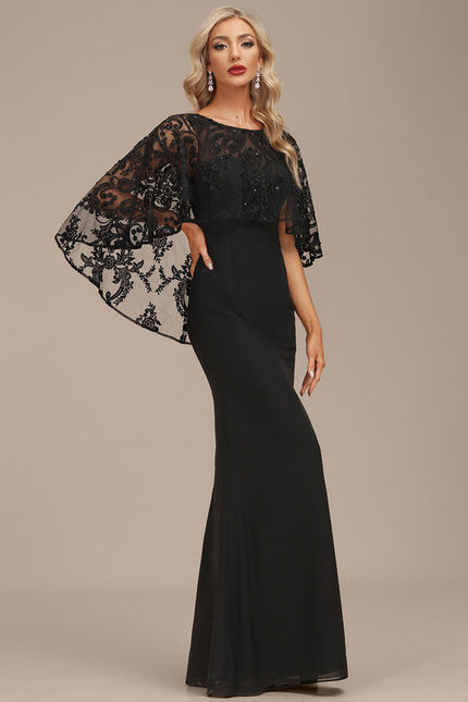 Robe Élégante À Manches Cape Noire - gallery 2