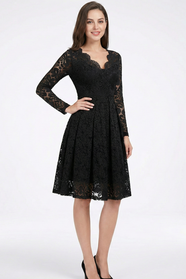 Robe Noire Luxe Dentelle Manches Longues