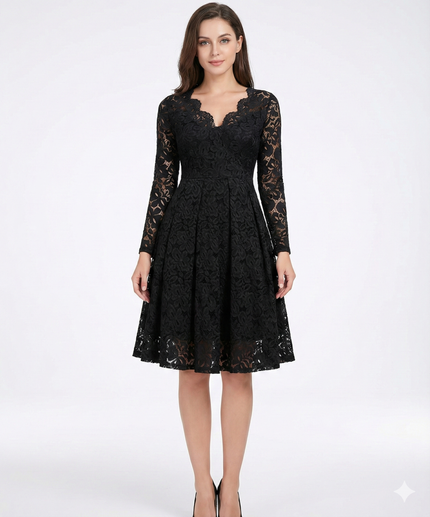 Robe Noire Luxe Dentelle Manches Longues