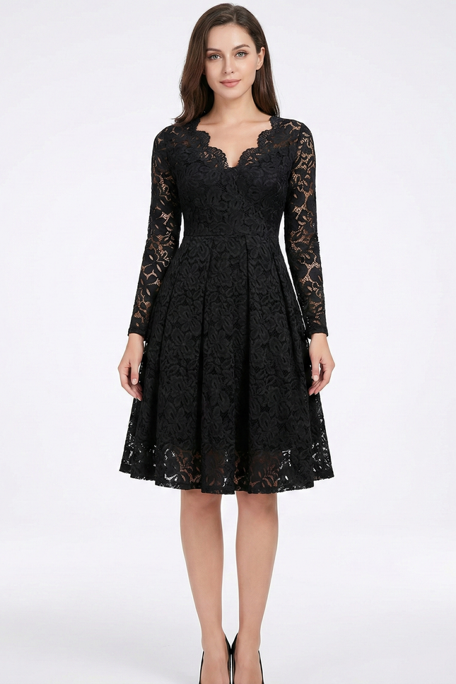 Robe Noire Luxe Dentelle Manches Longues