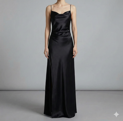 Robe Noire Satinée Fendue Élégante