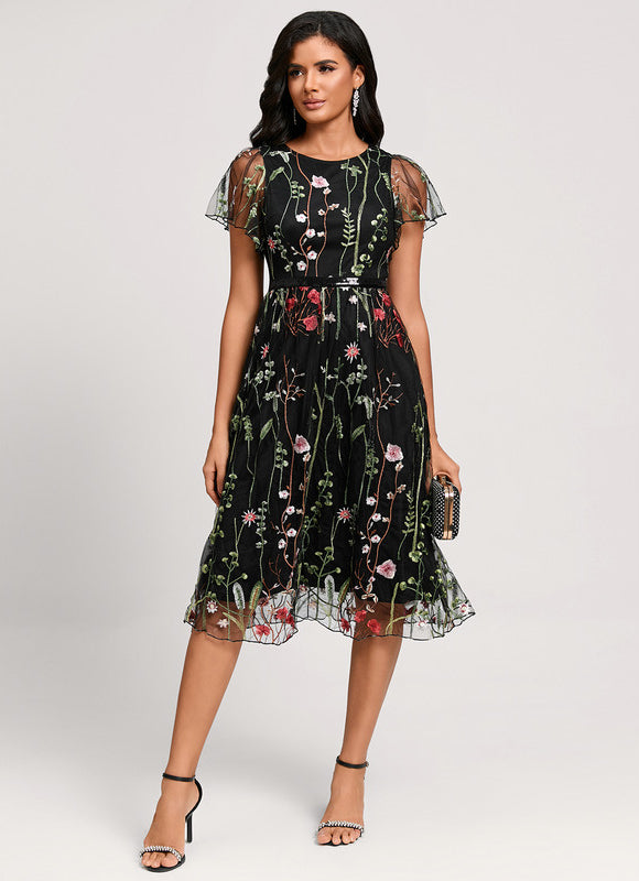 Robe Cocktail Florale En Tulle - gallery 1