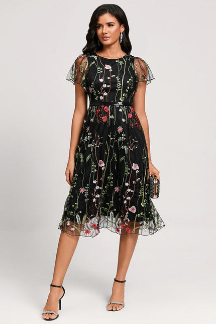 Robe Cocktail Florale En Tulle - gallery 1