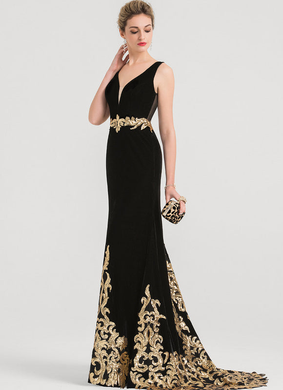 Robe Velours Noire Brodée Dorée - gallery 2