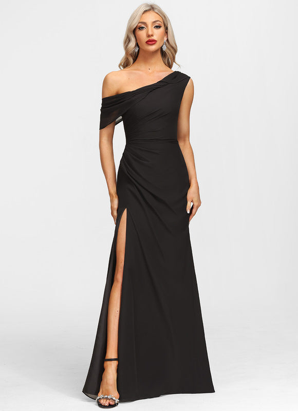 Robe Fourreau Asymétrique Élégante Noire - gallery 1
