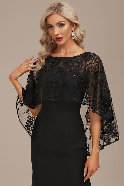 Robe Élégante À Manches Cape Noire - gallery 1