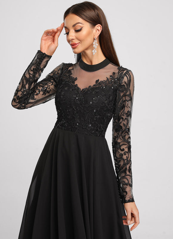 Robe Noire Luxe Dentelle Manches Longues - gallery 5