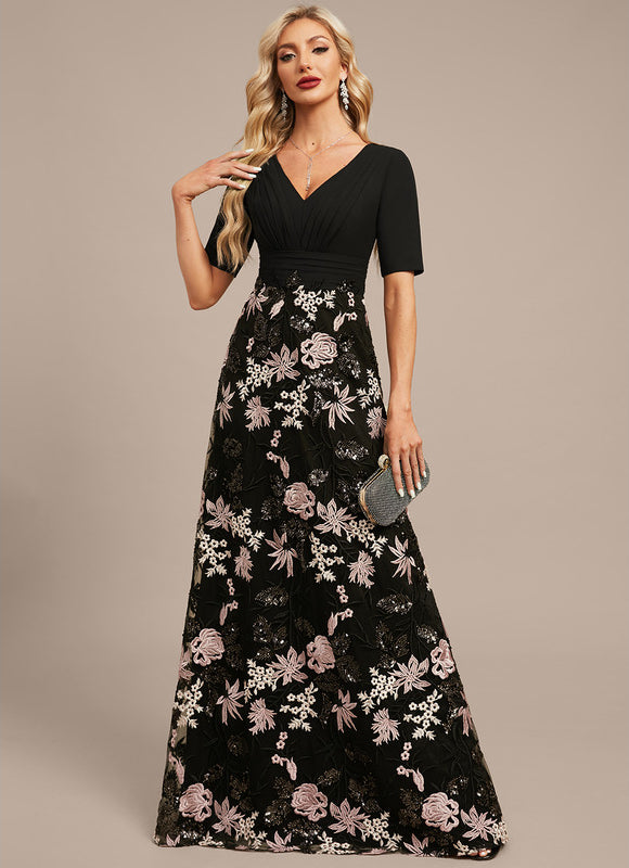 Robe Trapèze Florale Élégante Noire - gallery 2