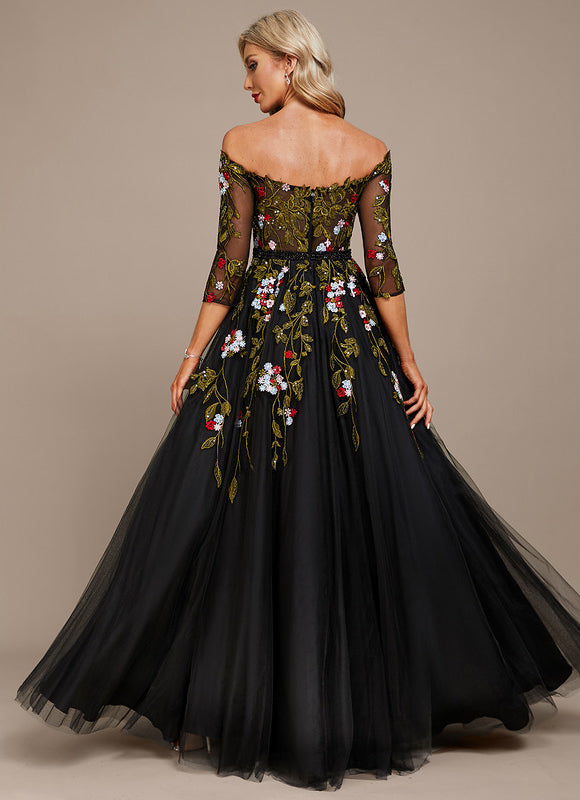 Robe De Soirée Florale Élégante Noire - gallery 6