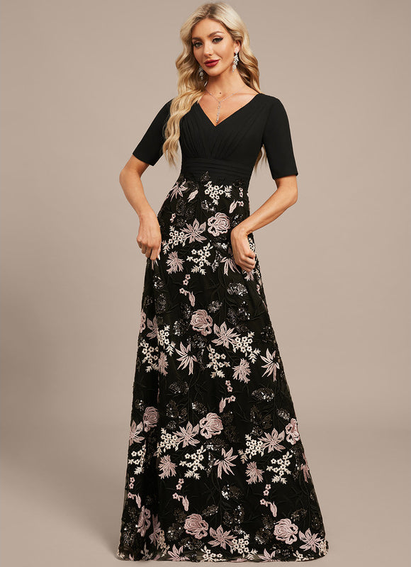 Robe Trapèze Florale Élégante Noire - gallery 5