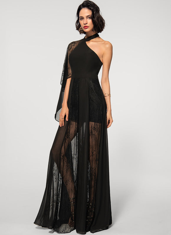 Robe Noire Asymétrique En Mousseline - gallery 2